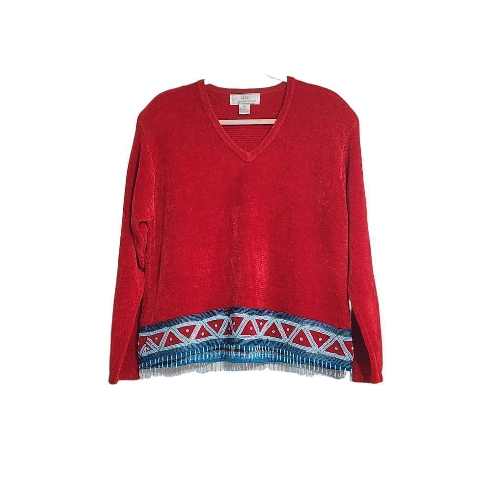 Lisa International vintage red chenille & blue beaded sweater